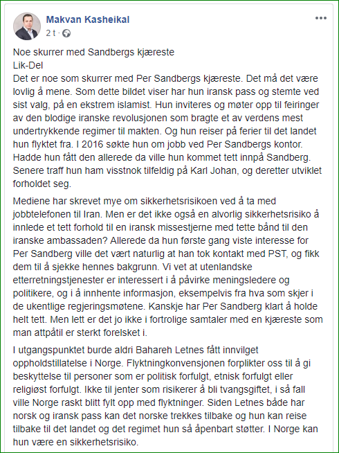 Makvan Kasheikal mener at Sandbergs kjæreste bør sendes hjem